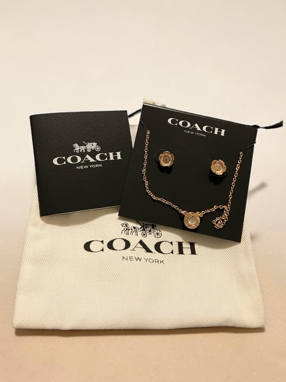 COACH NWT - Rose Gold Floral Pendant Necklace and Stud Earrings Set w Dustbag